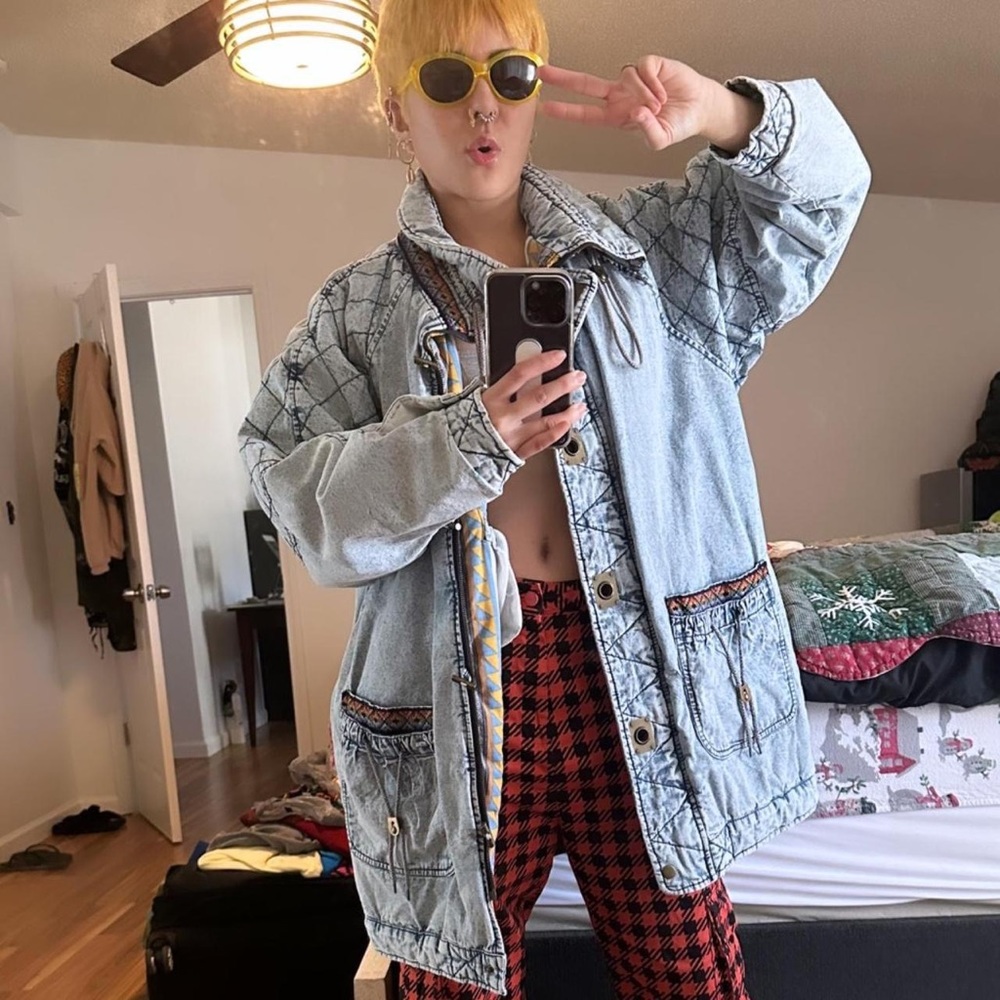 QUILTED ACID DENIM COAT/JACKET
